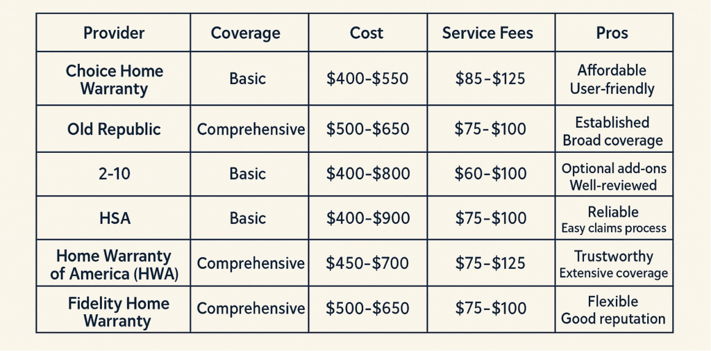 Comparison table of top home warranty providers in 2025 showing coverage, costs, service fees, and pros. Includes Choice Home Warranty, Old Republic, 2-10, HSA, Home Warranty of America (HWA), and Fidelity Home Warranty. Highlights average annual prices between $400–$900, service fees from $60–$125, and pros like affordability, reliability, and broad coverage.