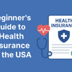 Illustration showing diverse people holding health insurance cards with a doctor, medical icons like a red cross and heart, representing health insurance coverage in the USA on a soft blue background.