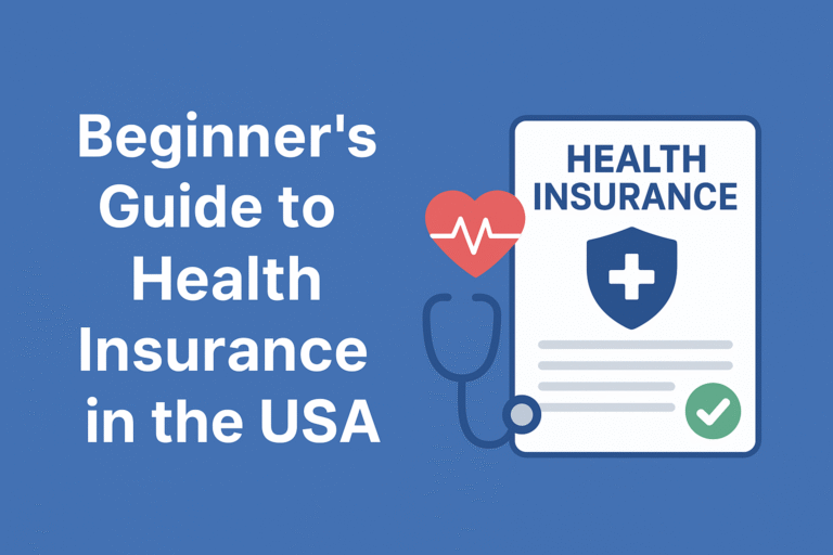 Illustration showing diverse people holding health insurance cards with a doctor, medical icons like a red cross and heart, representing health insurance coverage in the USA on a soft blue background.