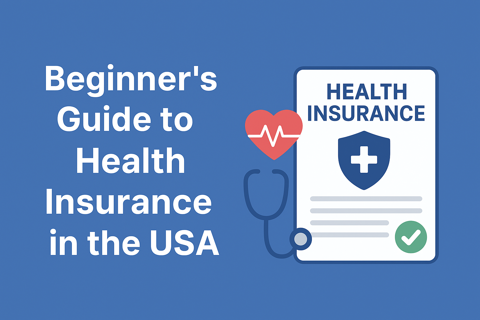 Illustration showing diverse people holding health insurance cards with a doctor, medical icons like a red cross and heart, representing health insurance coverage in the USA on a soft blue background.