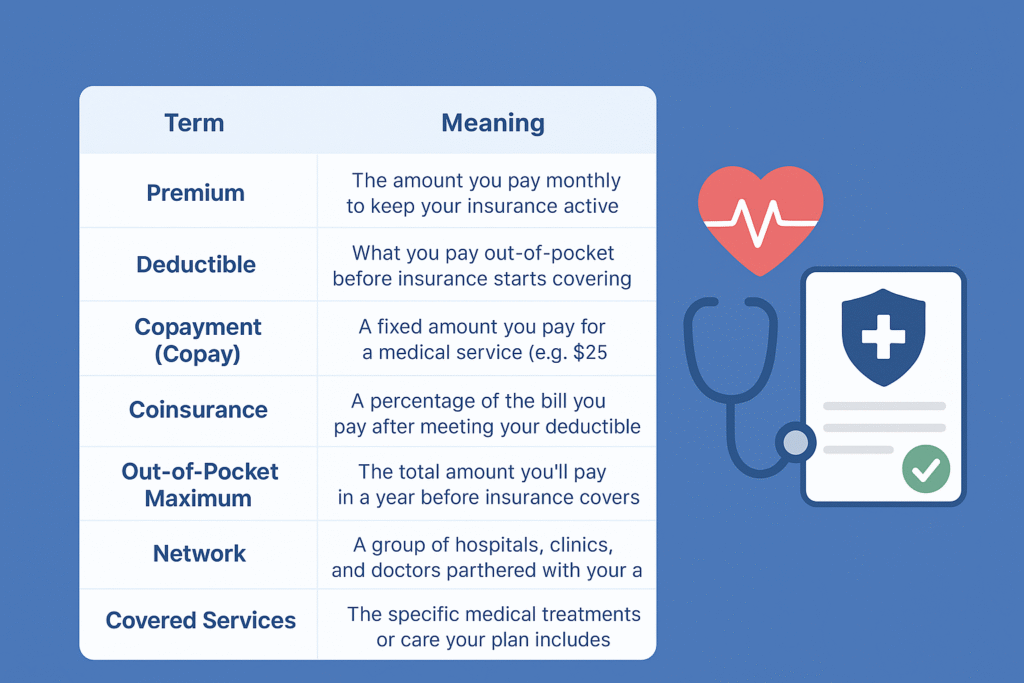 Infographic illustration comparing types of health insurance plans — HMO, PPO, EPO, and POS — using icons to represent cost, flexibility, and provider network differences in a clean blue flat design style.