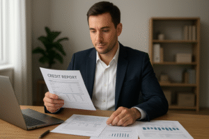 A professional young man in a navy suit sits at a wooden desk in a modern home office, reviewing a printed credit report alongside financial charts and a laptop, with warm natural lighting creating a calm and confident atmosphere.