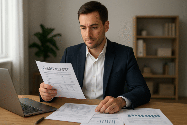 A professional young man in a navy suit sits at a wooden desk in a modern home office, reviewing a printed credit report alongside financial charts and a laptop, with warm natural lighting creating a calm and confident atmosphere.