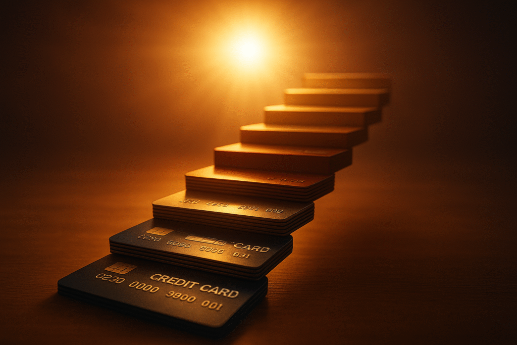 A conceptual image showing stacked credit cards forming a staircase leading toward a bright glowing light, symbolizing financial growth and success, with warm cinematic tones and a strong depth-of-field effect.