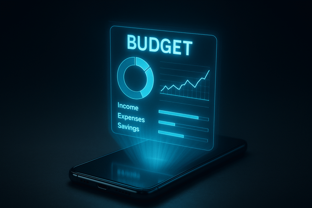 Infographic comparing three free budgeting apps: Fudget, Rocket Money, and Goodbudget. Fudget is described as best for beginners with a simple list-style layout. Rocket Money is ideal for understanding spending habits and tracking subscriptions. Goodbudget is perfect for couples using the envelope method for manual budgeting. Three hands are pointing toward each app option, with Rocket Money highlighted in the center.