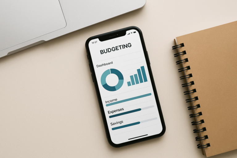 A young professional in the USA sitting at a modern home office desk, reviewing credit reports and financial documents with a confident expression, symbolizing the process of building credit from scratch.