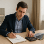 A focused young professional planning personal savings at a modern home office desk, writing a budget in a notebook beside a laptop and calculator under natural lighting, symbolizing financial planning and money management.