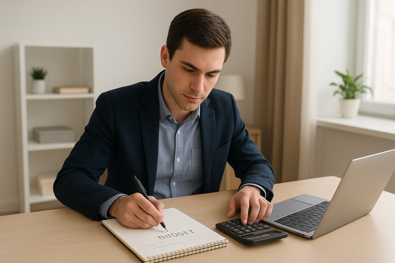 A focused young professional planning personal savings at a modern home office desk, writing a budget in a notebook beside a laptop and calculator under natural lighting, symbolizing financial planning and money management.