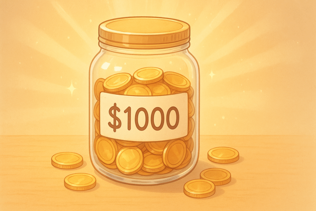 Anime-style illustration of a glass jar filled with golden coins labeled “$1000,” glowing softly with warm, golden light on a wooden surface, symbolizing saving money and optimism.