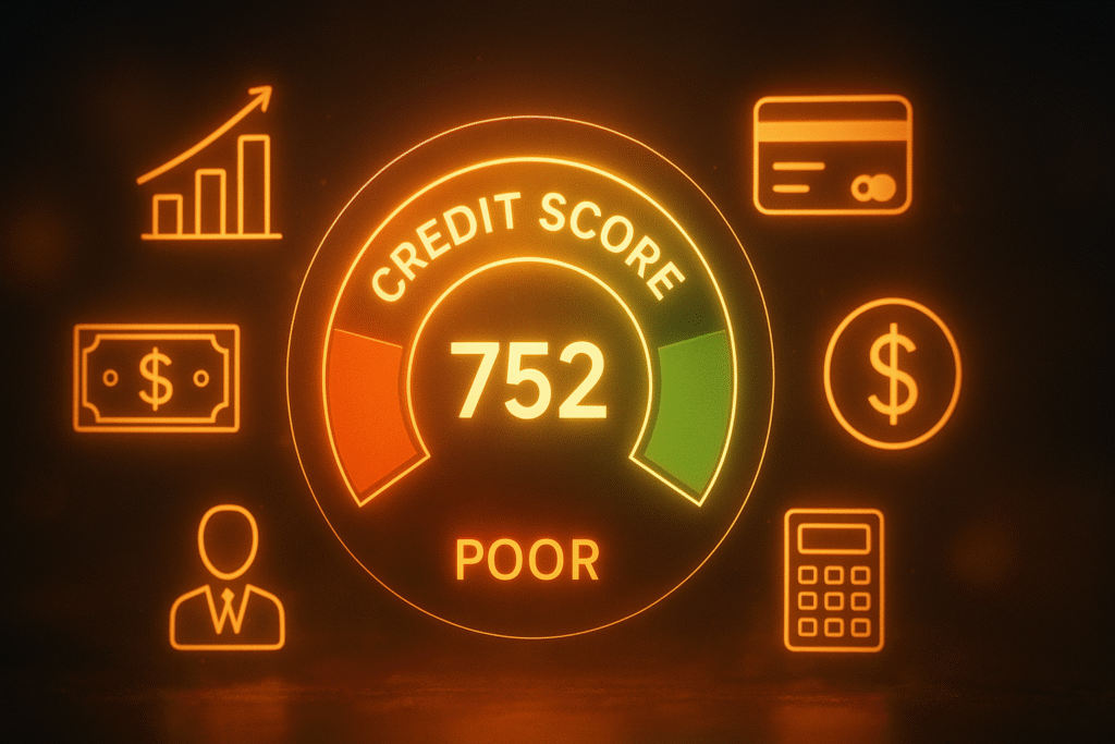 Digital illustration of a glowing credit score meter reading “752,” surrounded by neon orange financial icons including a bar chart, dollar sign, credit card, calculator, and person silhouette. The scene uses warm cinematic lighting with a futuristic, motivational financial theme.