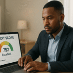 Professional man sitting at a desk in a modern home office, attentively viewing a laptop screen displaying a credit score of 752 labeled “Excellent.” The setting is softly lit with natural light and a calm, focused atmosphere, representing financial awareness and responsibility.