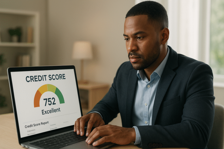 Professional man sitting at a desk in a modern home office, attentively viewing a laptop screen displaying a credit score of 752 labeled “Excellent.” The setting is softly lit with natural light and a calm, focused atmosphere, representing financial awareness and responsibility.