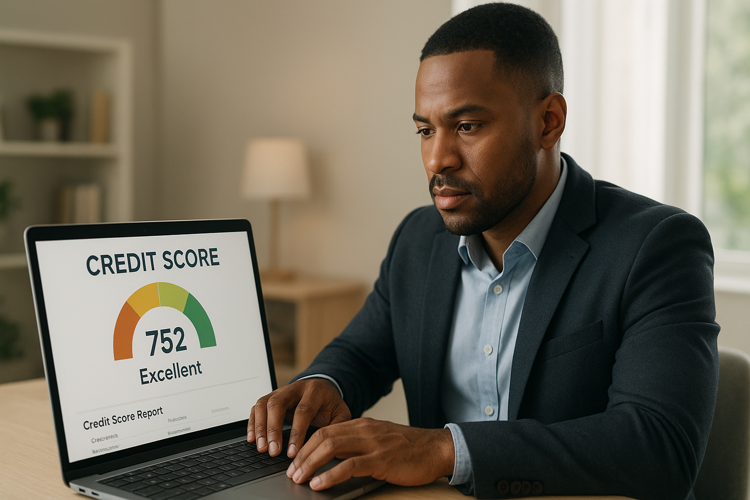 Professional man sitting at a desk in a modern home office, attentively viewing a laptop screen displaying a credit score of 752 labeled “Excellent.” The setting is softly lit with natural light and a calm, focused atmosphere, representing financial awareness and responsibility.