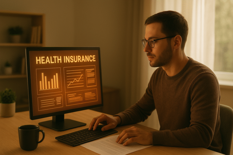 Photorealistic image of a freelancer sitting in a bright home workspace, analyzing health insurance plans on a computer screen displaying glowing digital charts and documents. Morning light streams through a window, illuminating the calm setting with warm tones. The scene conveys focus, security, and professionalism, symbolizing thoughtful financial decision-making in a modern digital environment.