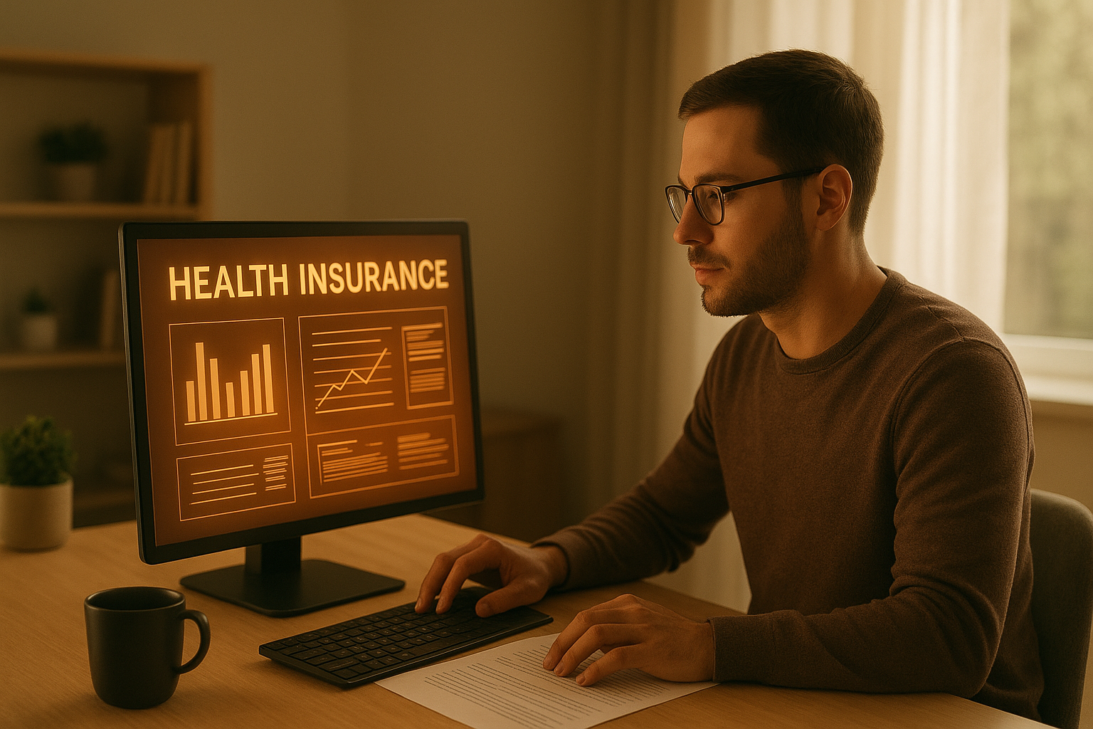 Photorealistic image of a freelancer sitting in a bright home workspace, analyzing health insurance plans on a computer screen displaying glowing digital charts and documents. Morning light streams through a window, illuminating the calm setting with warm tones. The scene conveys focus, security, and professionalism, symbolizing thoughtful financial decision-making in a modern digital environment.