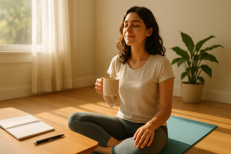 A young adult sitting at a clean, modern desk during a peaceful morning routine, with sunlight streaming through the window. A cup of tea, yoga mat, and open notebook are visible nearby, creating a calm and healthy lifestyle atmosphere in a naturally lit home office.