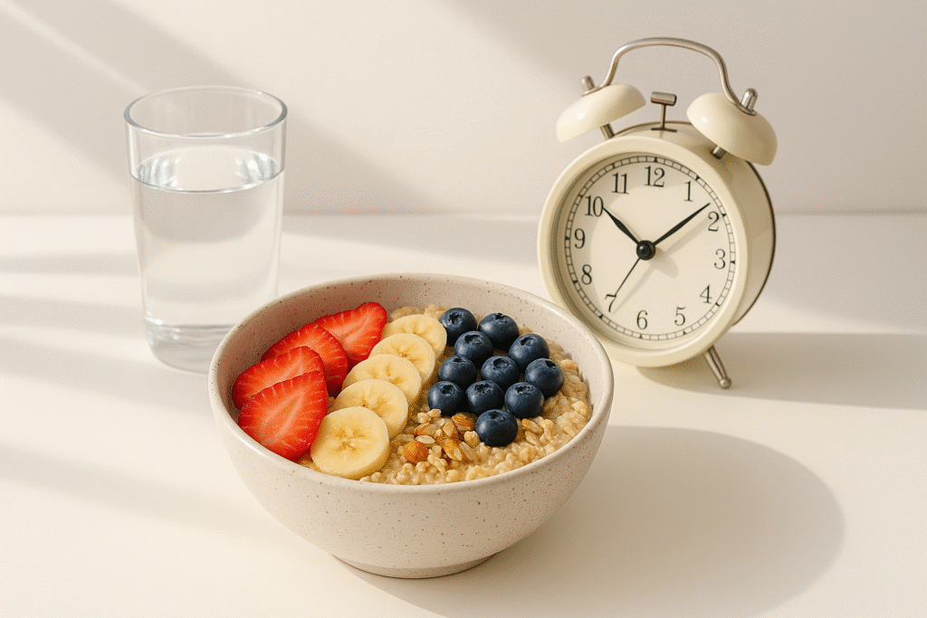 A minimalist morning scene featuring a balanced breakfast bowl topped with strawberries, bananas, and blueberries beside a glass of water and a cream-colored alarm clock, all illuminated by warm sunlight on a clean white surface.