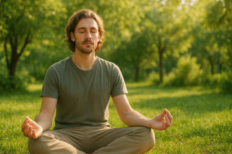 A young man sits peacefully outdoors in a lush green setting, surrounded by sunlight filtering through trees. His calm expression and relaxed posture convey mindfulness and relaxation in a serene natural environment, symbolizing stress relief and mental clarity.