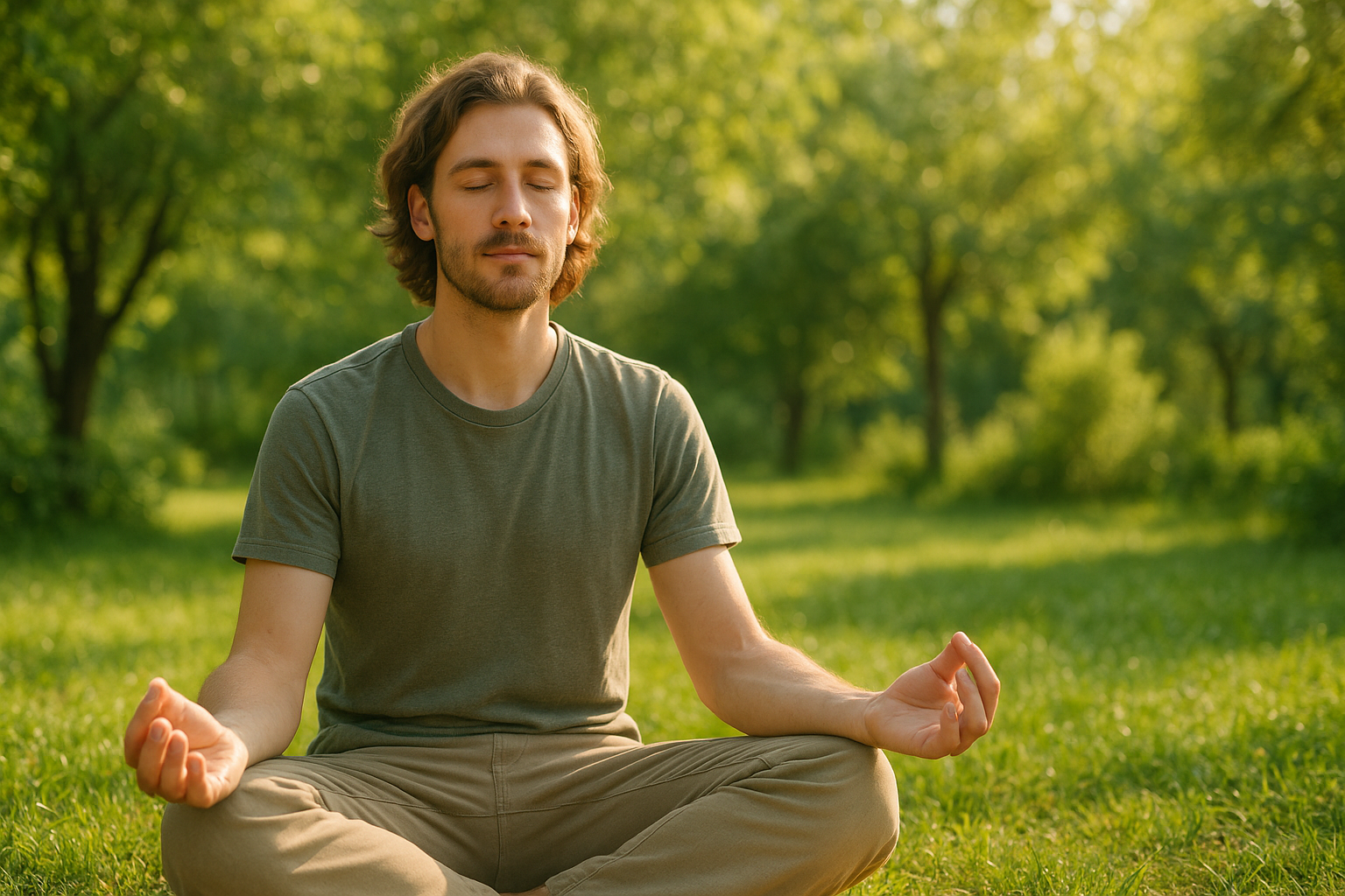 A young man sits peacefully outdoors in a lush green setting, surrounded by sunlight filtering through trees. His calm expression and relaxed posture convey mindfulness and relaxation in a serene natural environment, symbolizing stress relief and mental clarity.