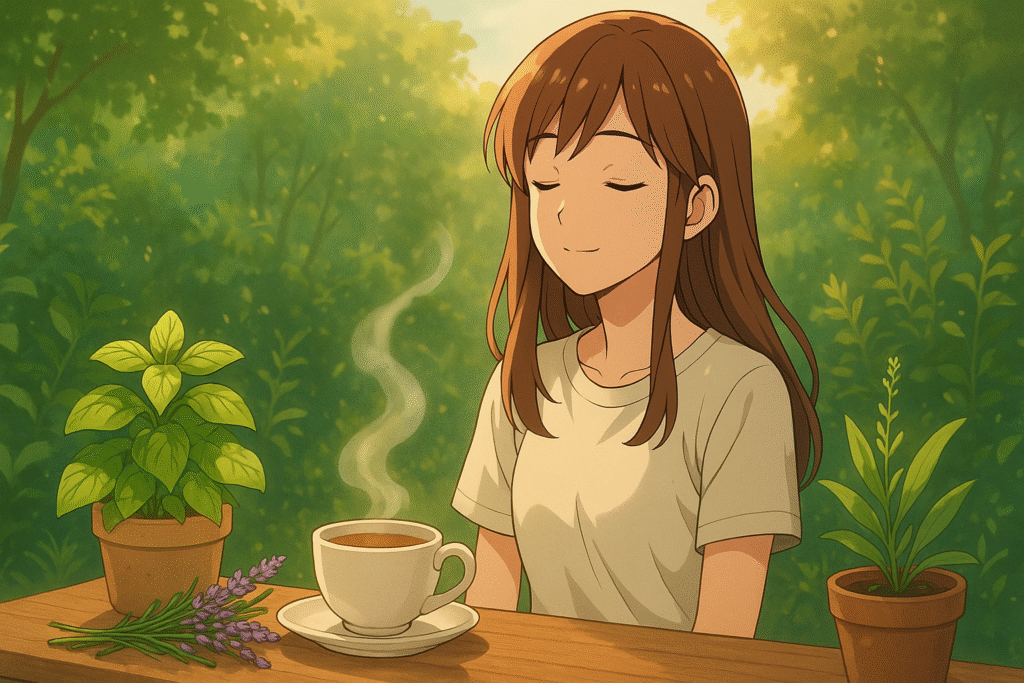 An anime-style illustration showing a tranquil scene with herbs, plants, and a steaming cup of tea illuminated by soft glowing light. The warm tones and detailed background create a peaceful and optimistic mood, representing natural stress relief and relaxation.