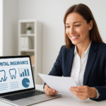 A smiling professional woman reviews affordable dental insurance documents at her desk, with a laptop displaying dental insurance charts and icons in a bright, modern office setting.