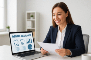 A smiling professional woman reviews affordable dental insurance documents at her desk, with a laptop displaying dental insurance charts and icons in a bright, modern office setting.