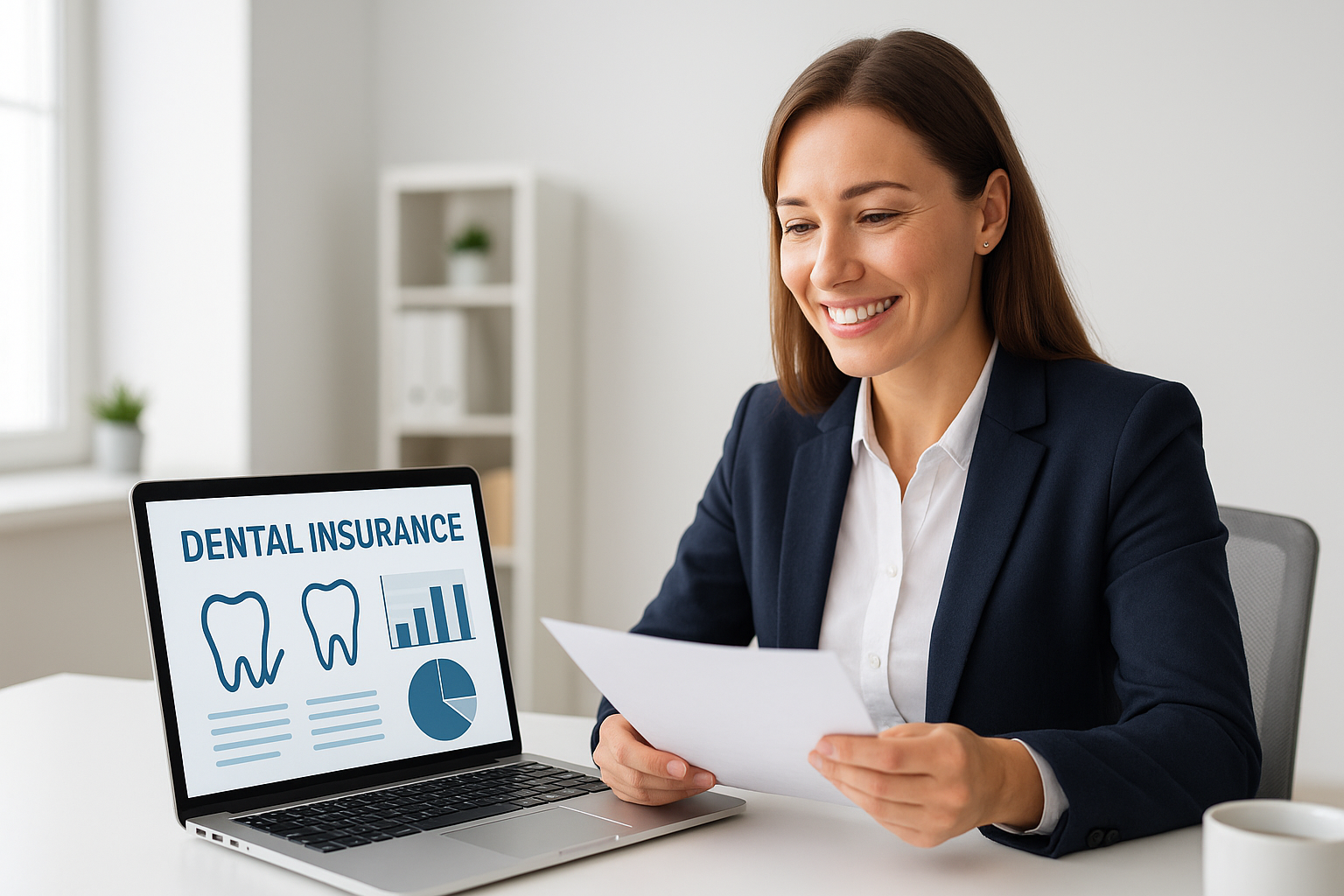 A smiling professional woman reviews affordable dental insurance documents at her desk, with a laptop displaying dental insurance charts and icons in a bright, modern office setting.