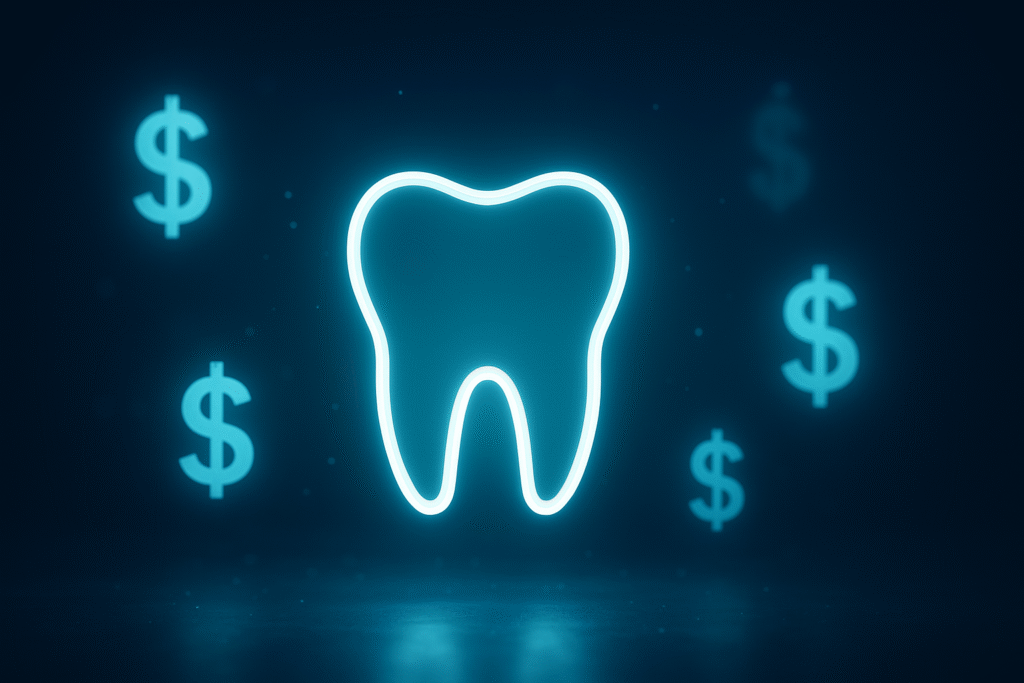 Futuristic digital illustration symbolizing affordable dental insurance, featuring a glowing white tooth icon surrounded by floating dollar symbols. The scene has cinematic lighting, soft depth of field, and a modern, trustworthy aesthetic representing the balance between quality dental care and financial affordability.