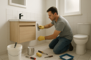 A man working on a DIY bathroom remodel, kneeling on the tiled floor while installing new wall tiles below a modern vanity. Tools, paint supplies, and a bucket are scattered on the floor, and natural daylight brightens the small, clean bathroom, conveying an affordable home improvement atmosphere.