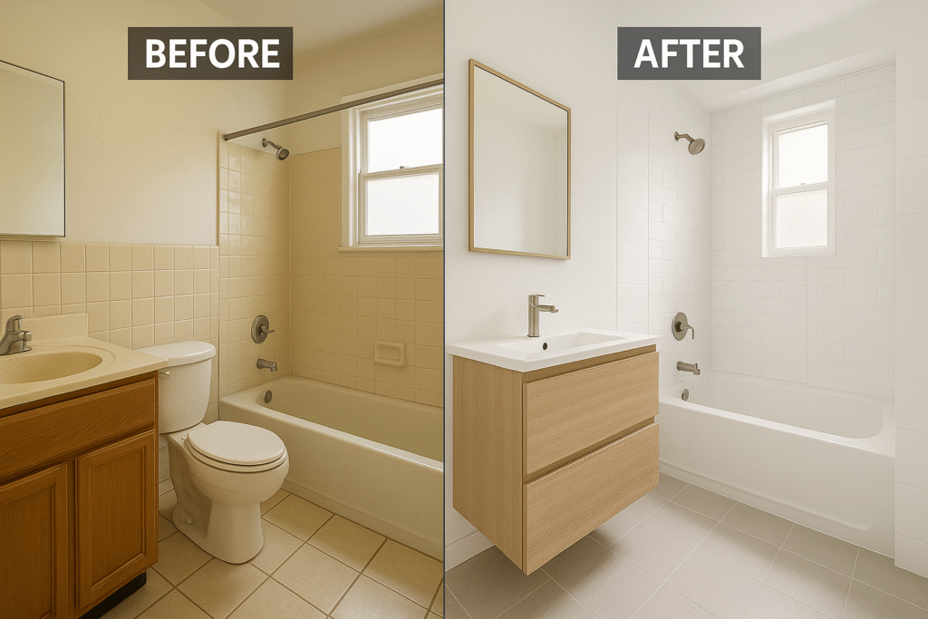 Side-by-side DIY bathroom remodel before-and-after comparison. The left side shows an outdated beige bathroom with older fixtures, while the right side reveals a bright, modern transformation featuring white subway tiles, a minimalist wood vanity, and clean lighting—illustrating an inspiring budget-friendly renovation under $1,000.