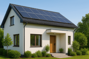 A modern eco-friendly home featuring solar panels on the roof, energy-efficient windows, and LED lighting, surrounded by green plants under bright daylight. The scene conveys sustainability and smart energy use, representing energy efficient upgrades for a cleaner lifestyle.
