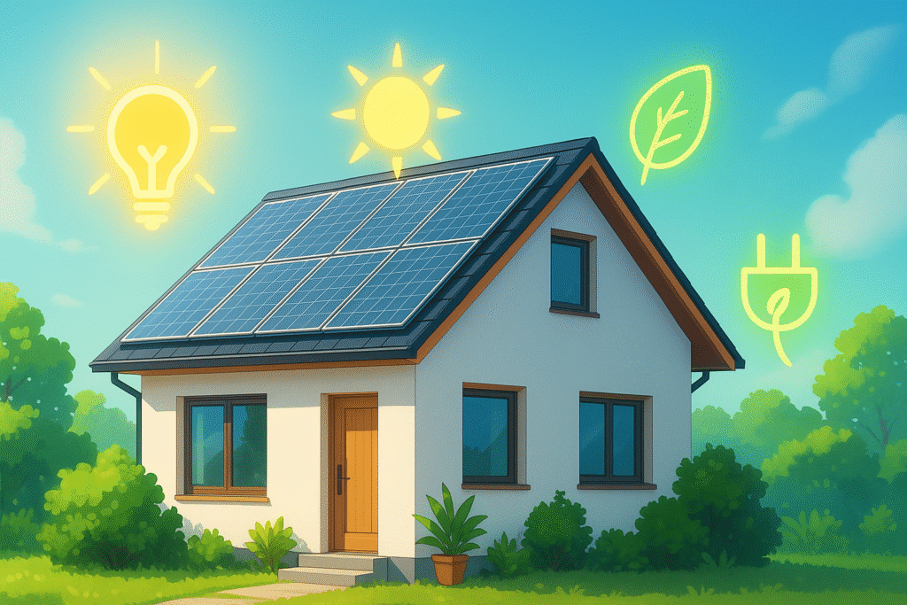 An anime-style illustration of an energy-efficient home surrounded by solar panels, lush greenery, and glowing energy icons, bathed in warm morning light. The vibrant, futuristic artwork symbolizes energy efficient upgrades and sustainable living.