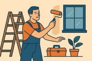 Illustration of a house with ladder, toolbox, and hammer symbolizing affordable home improvement ideas for 2025 that increase property value.