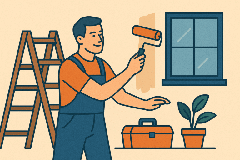 Illustration of a house with ladder, toolbox, and hammer symbolizing affordable home improvement ideas for 2025 that increase property value.