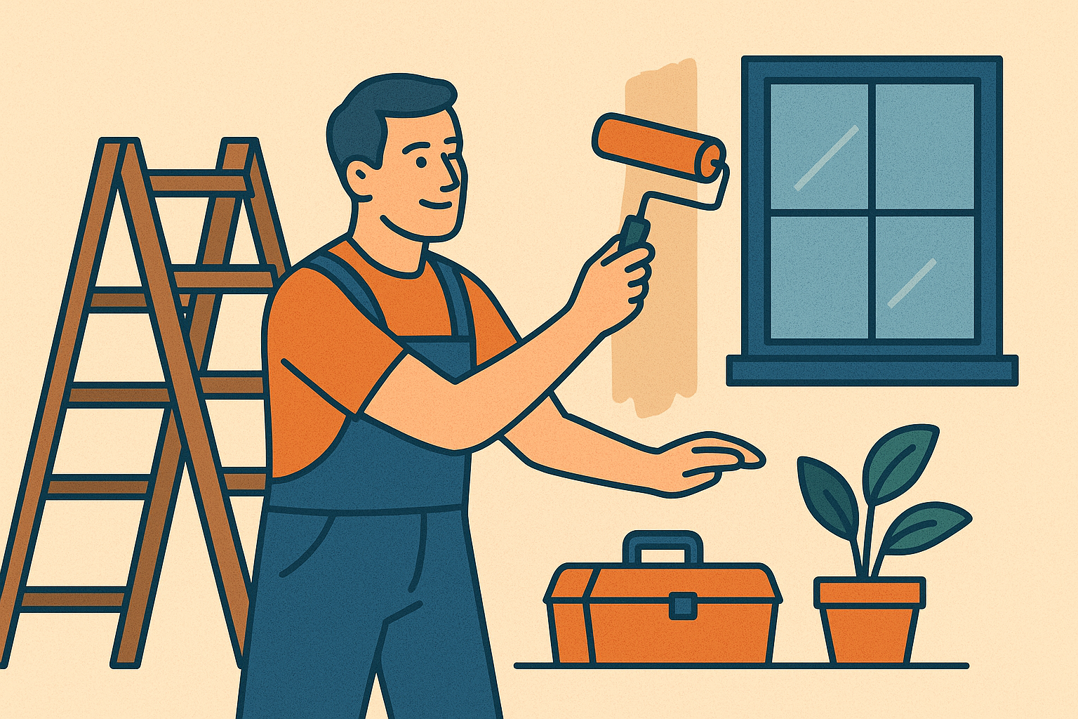 Illustration of a house with ladder, toolbox, and hammer symbolizing affordable home improvement ideas for 2025 that increase property value.