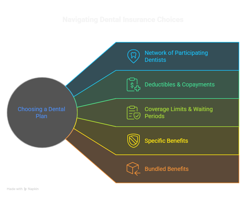 Infographic titled “Navigating Dental Insurance Choices,” illustrating five key factors for finding affordable dental insurance. The central circle labeled “Choosing a Dental Plan” connects to five colored sections: “Network of Participating Dentists,” “Deductibles & Copayments,” “Coverage Limits & Waiting Periods,” “Specific Benefits,” and “Bundled Benefits.” Each section features an icon representing its concept, highlighting the essential steps to compare and select the most cost-effective dental coverage.