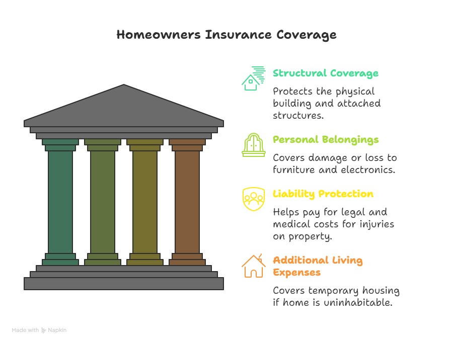 Infographic explaining homeowners insurance coverage, showing four pillars labeled structural coverage, personal belongings, liability protection, and additional living expenses, to illustrate the differences between home warranty insurance vs home insurance