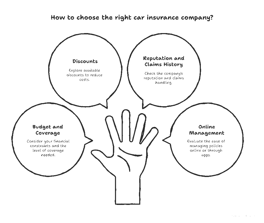 Infographic illustrating how to choose the right car insurance company, highlighting key factors such as discounts, reputation and claims history, budget and coverage, and online management—tips for finding the best car insurance companies.