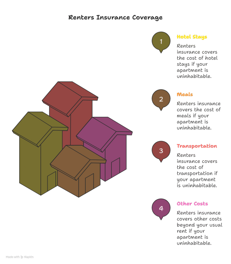 Colorful infographic explaining what renters insurance covers, including hotel stays, meals, transportation, and other costs — helping renters decide if renters insurance is worth it.