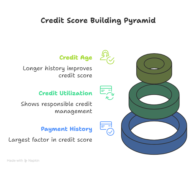 An illustrated “Credit Score Building Pyramid” diagram showing three stacked rings labeled from top to bottom: Credit Age (longer history improves credit score, in green), Credit Utilization (shows responsible credit management, in teal), and Payment History (largest factor in credit score, in blue). The image visually represents how each factor contributes to building a strong credit score.