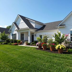 Beautiful suburban home with white siding, black roof, and colorful flower pots lining the front walkway, showcasing how to boost curb appeal with fresh landscaping and exterior design