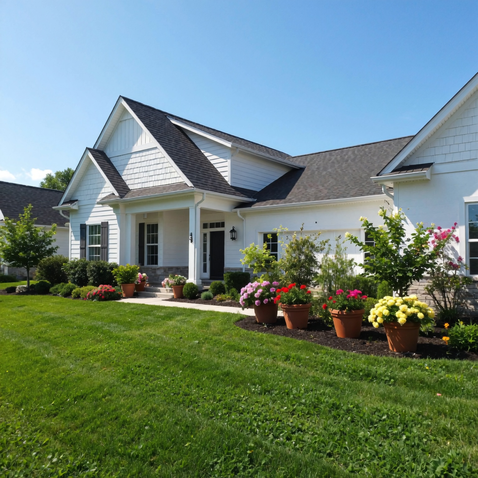 Beautiful suburban home with white siding, black roof, and colorful flower pots lining the front walkway, showcasing how to boost curb appeal with fresh landscaping and exterior design