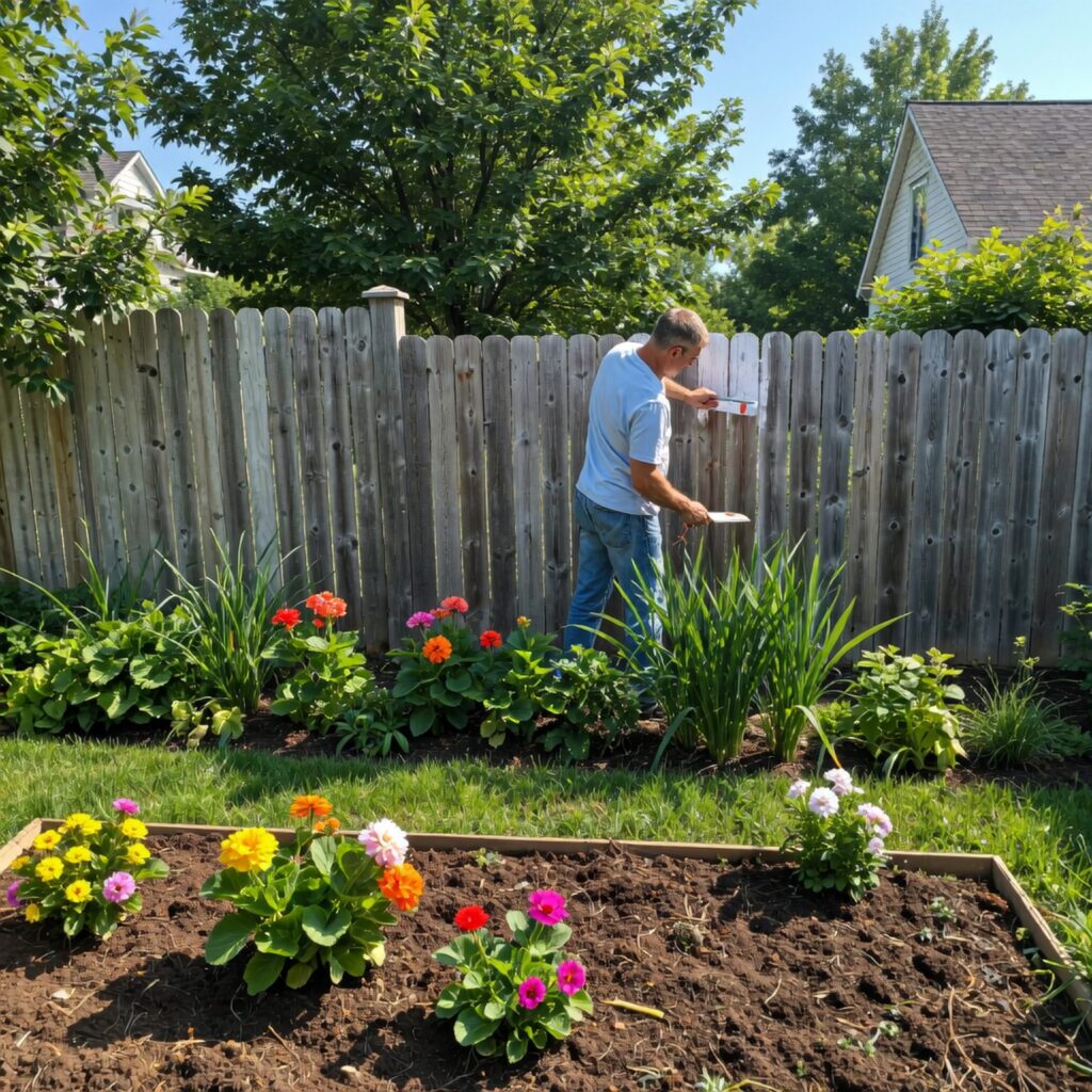 Homeowner painting a wooden fence and tending to a colorful flower garden, showing simple DIY ways to boost curb appeal through fresh paint and landscaping.