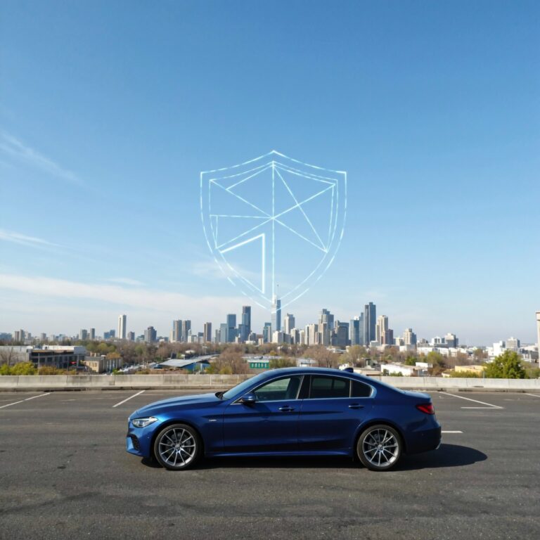 Modern blue car parked in front of a city skyline with a glowing digital shield symbol in the sky, representing vehicle protection and coverage from the best car insurance companies.