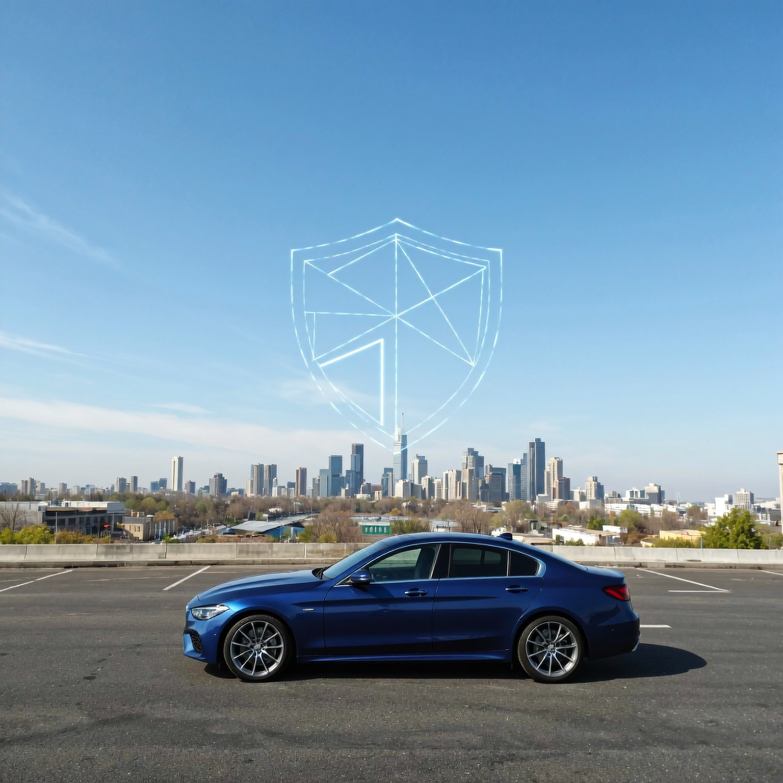 Modern blue car parked in front of a city skyline with a glowing digital shield symbol in the sky, representing vehicle protection and coverage from the best car insurance companies.