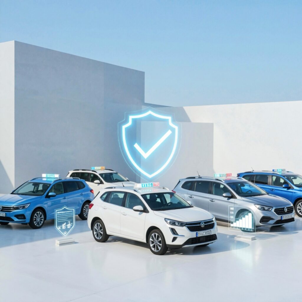 “Lineup of modern cars with glowing digital shield and security icons, symbolizing protection, coverage, and comparison between the best car insurance companies.”