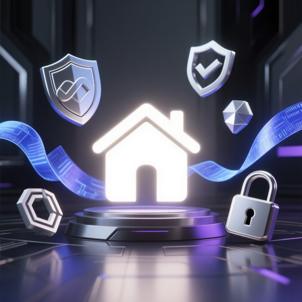 Futuristic digital illustration of a glowing house icon surrounded by security symbols, shields, and a padlock, representing protection and comparison between home warranty insurance vs home insurance coverage