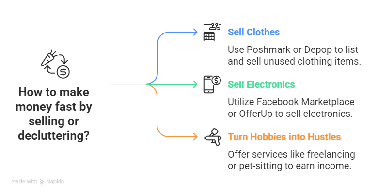 Infographic titled “How to make money fast by selling or decluttering?” showing three options: Sell Clothes using Poshmark or Depop, Sell Electronics through Facebook Marketplace or OfferUp, and Turn Hobbies into Hustles by offering freelance or pet-sitting services. Each option is color-coded with simple icons and connecting arrows for clarity.