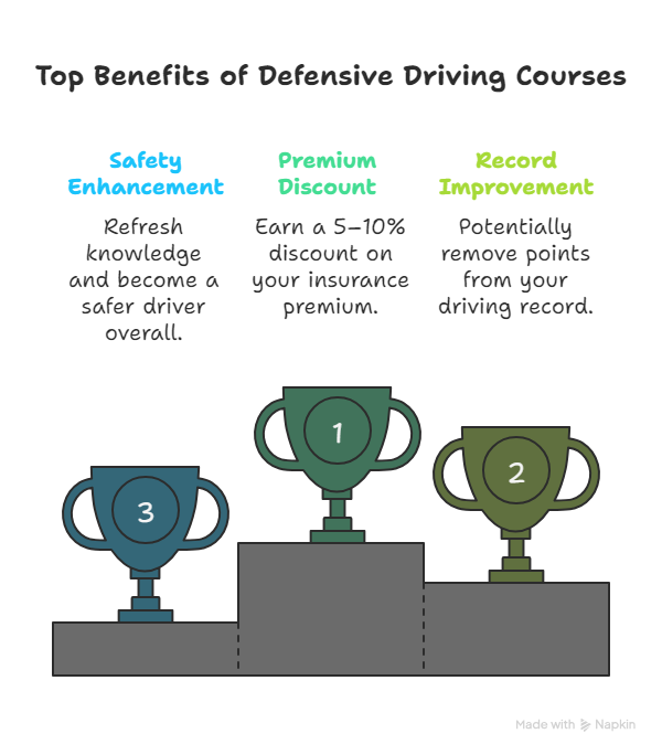 Infographic showing top benefits of defensive driving courses, including safety enhancement, premium discount, and record improvement — effective ways to reduce car insurance premium.