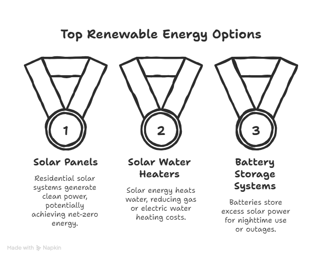 Infographic titled “Top Renewable Energy Options” showing three medal-style icons ranked 1 to 3. The first highlights solar panels for generating clean power and achieving net-zero energy, the second features solar water heaters for reducing heating costs, and the third showcases battery storage systems for storing excess solar energy. The design visually represents energy efficient upgrades that promote sustainable living.